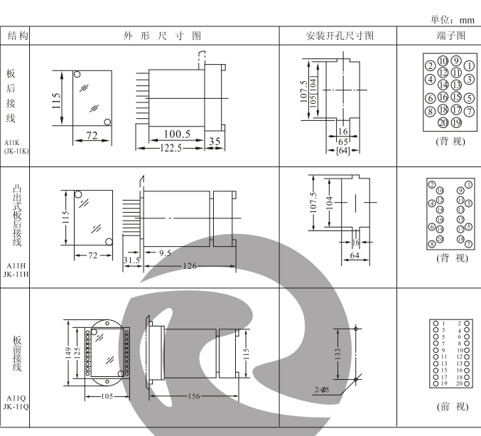 JZY-203中間繼電器外形及安裝開孔（kǒng）尺寸圖