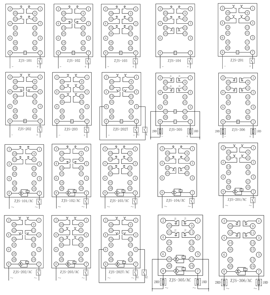 ZJS-122/AC延時（shí）中間繼電器內部接線（xiàn）圖