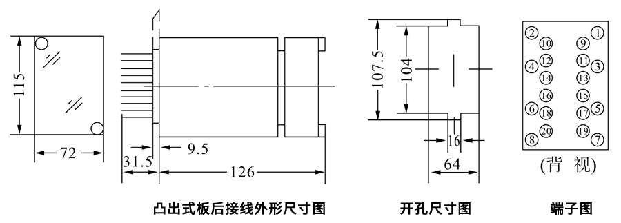 DZL-214凸出式板(bǎn)後接線安裝尺寸圖
