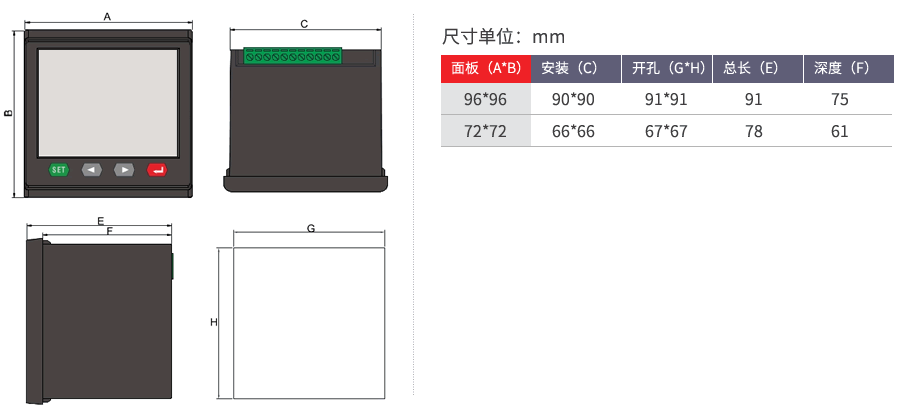 LCD多功（gōng）能電力儀表開孔尺寸圖